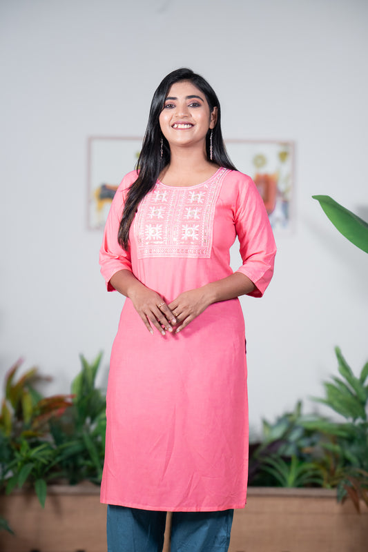 Dudhe Alta Pink Kurti with Thread & Sequin Embroidery