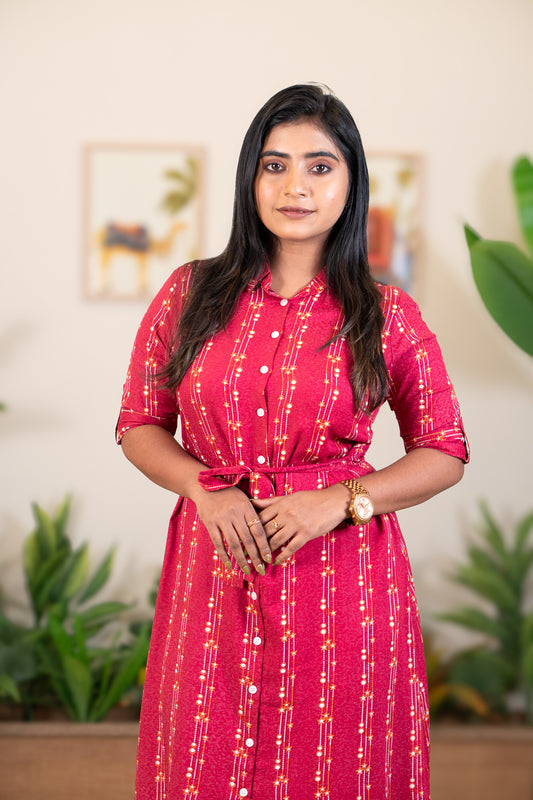 Hyrr Star Dress front open shirt collar Red