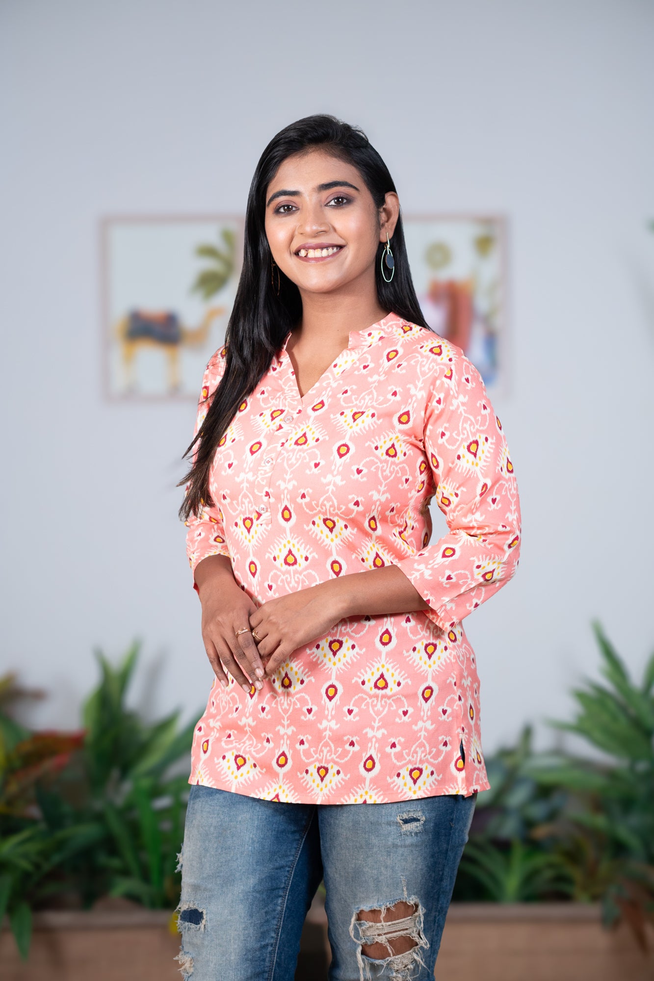 Ikkat collar tunic peach