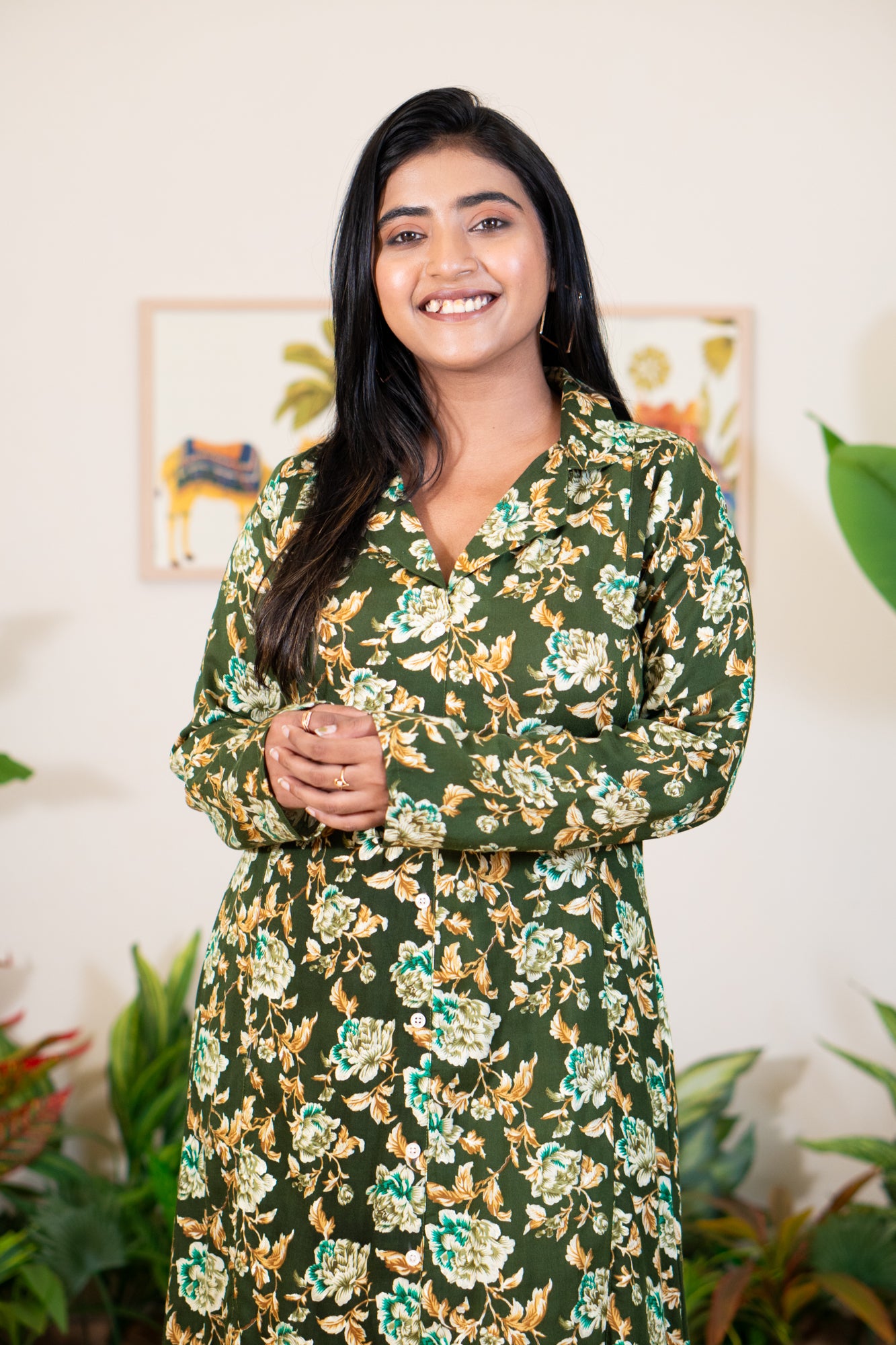 Hyrr Petals gown blazer collar foil print Pesta green