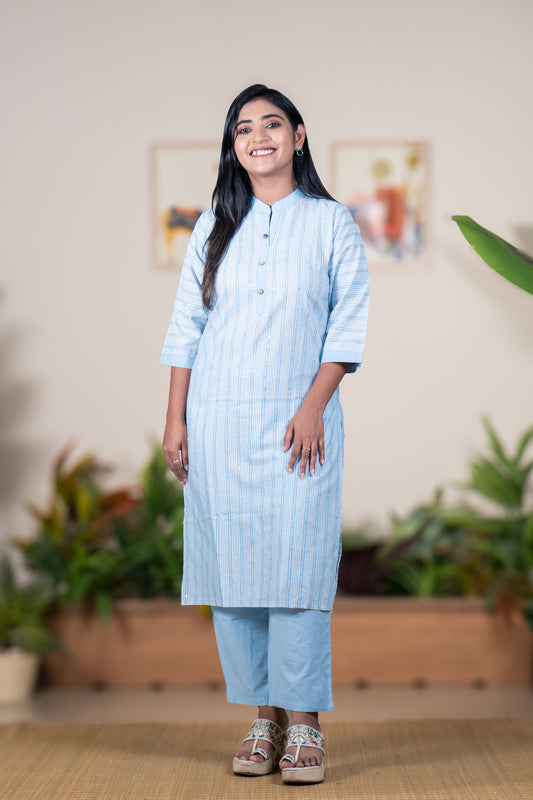 Powder Blue Minimal Sequin Kurti Set in khadi Cotton