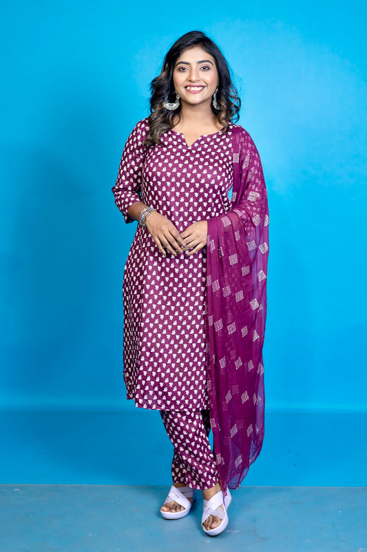 Hyrr viscous 3pc Set with chiffon dupatta Purple