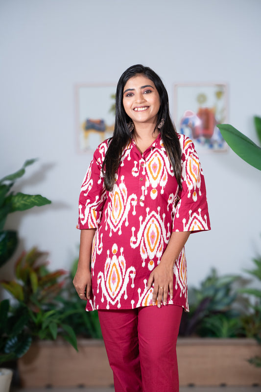 Hyrr Maroon Mirage Ikat Co-ord Set Organic 60 60 cotton