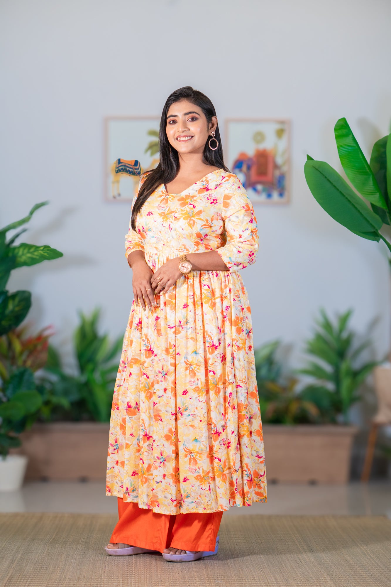 Hyrr Breeze Gown &plazo Set Peach Orange