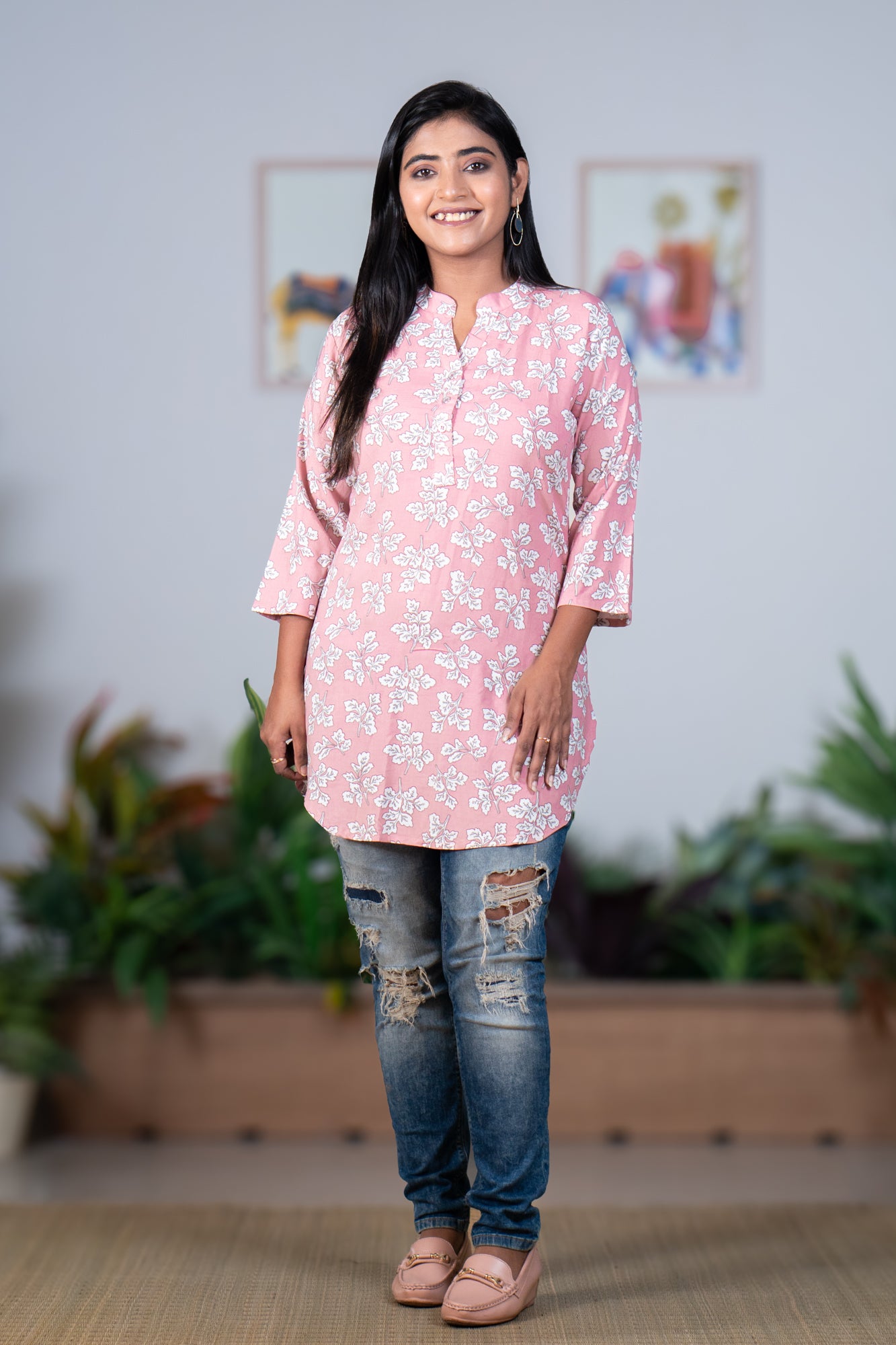 Peach long kurta floral print