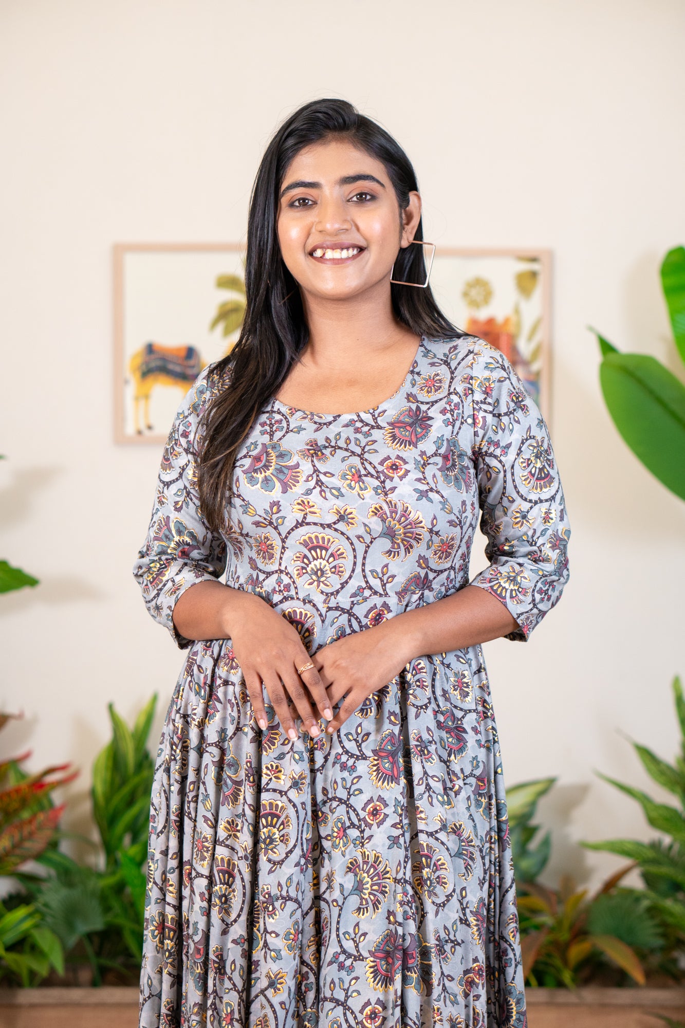 Hyrr Kalamkari Gown &plazo Set Grey