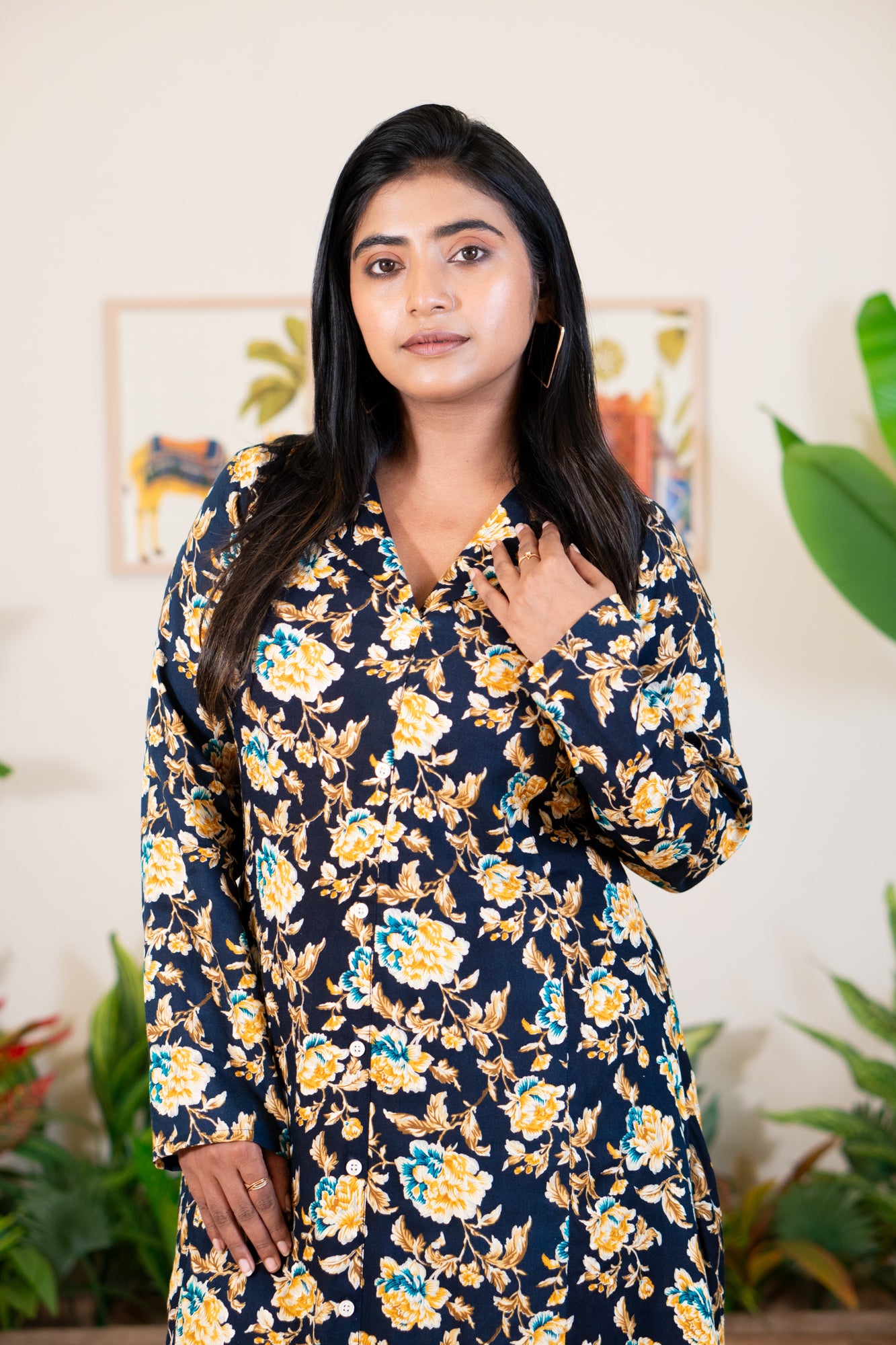 Hyrr Petals gown blazer collar foil print Blue