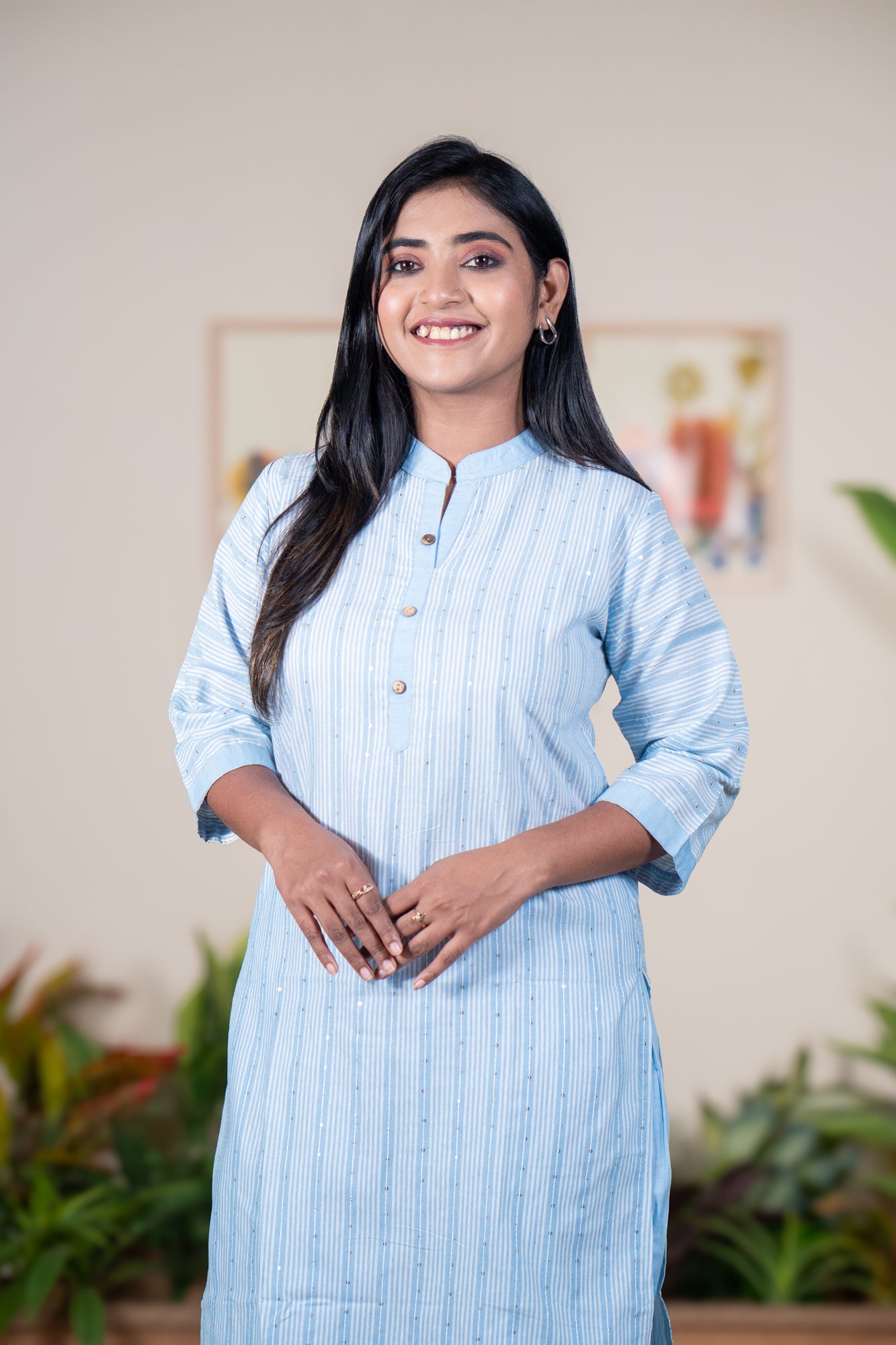 Powder Blue Minimal Sequin Kurti Set in khadi Cotton