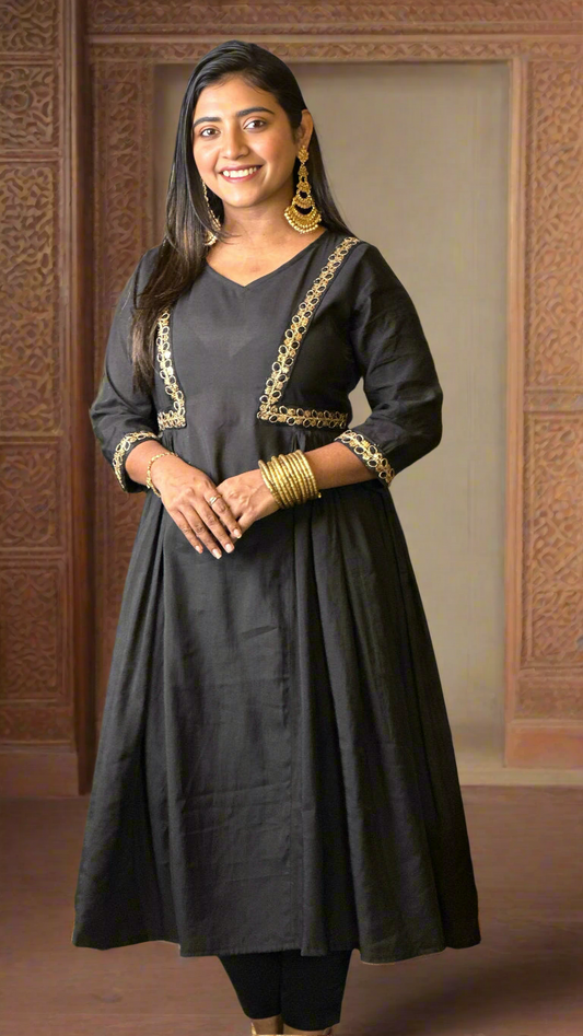 Hyrr Roman Silk Dual tone Gown with tread & Sequin work Black