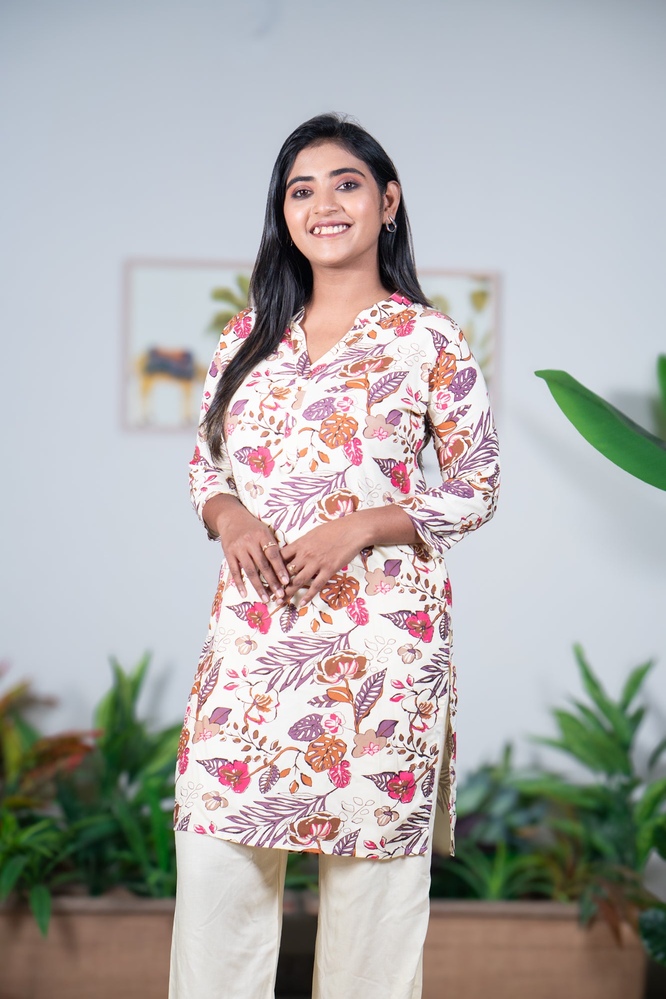 Cream Floral Viscose Kurti with Matching Palazzo set