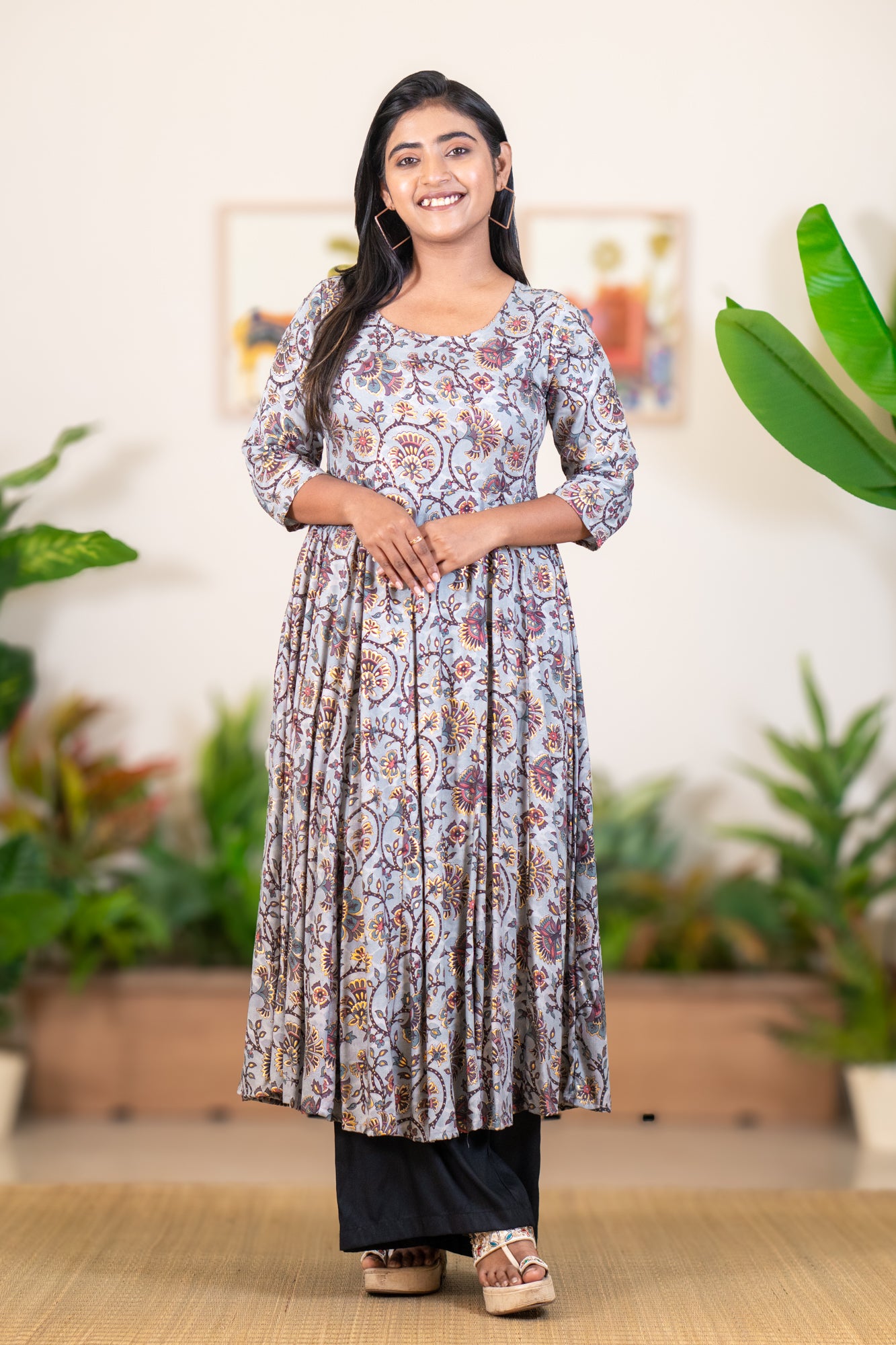 Hyrr Kalamkari Gown &plazo Set Grey