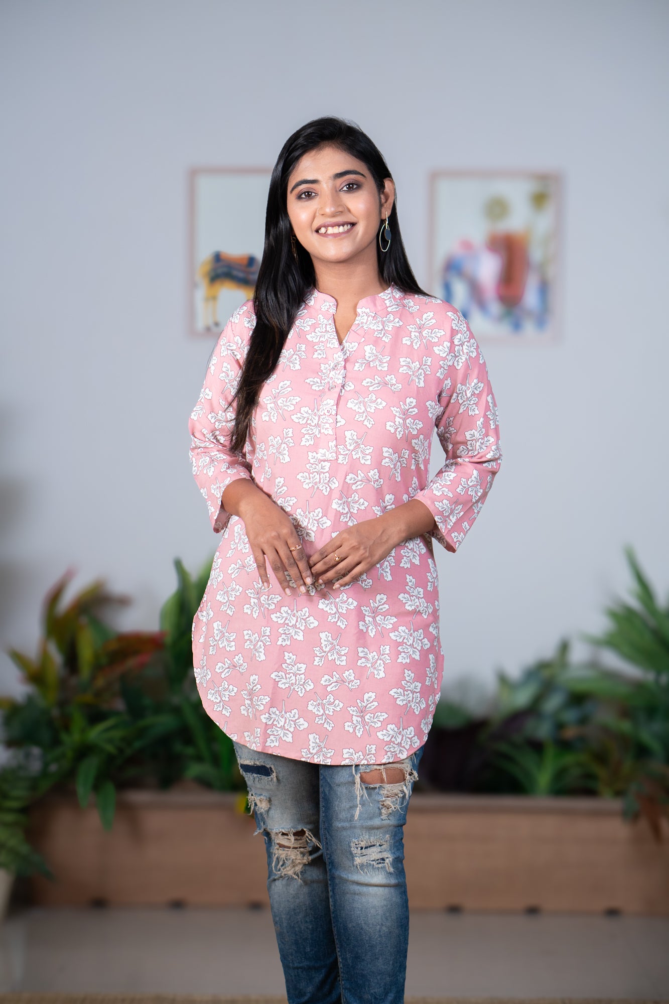 Peach long kurta floral print