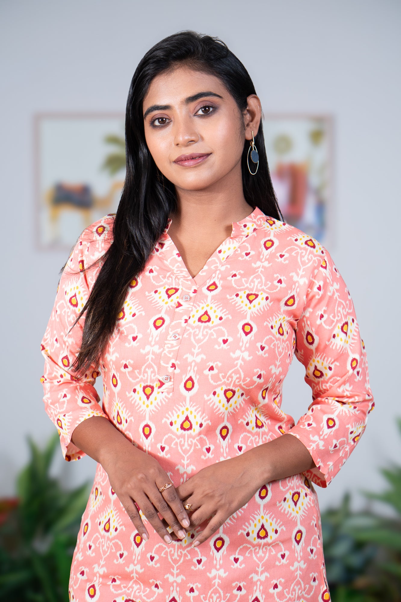 Ikkat collar tunic peach