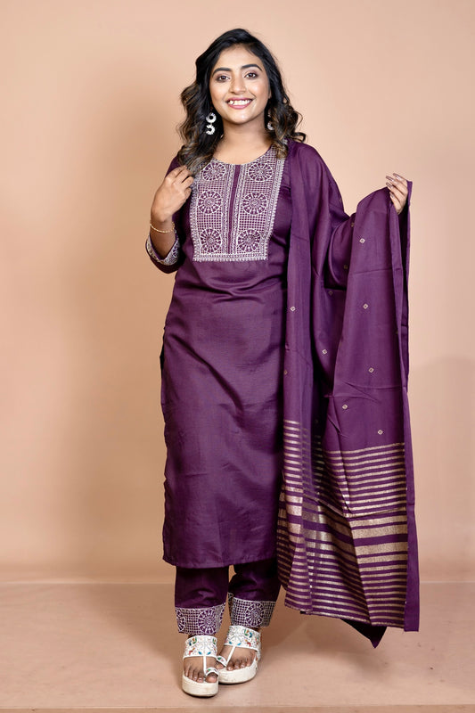 Hyrr Exclusive Chanderi 3pc Set Solid Purple