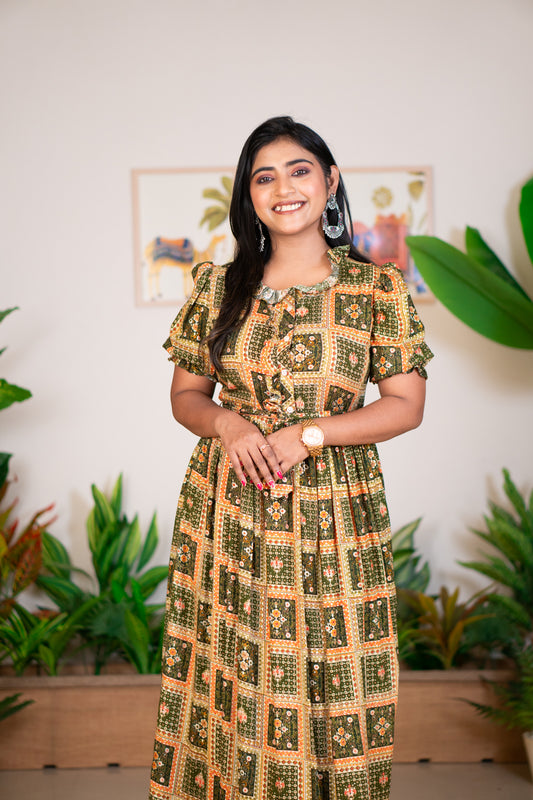 Hyrr Boho bandhani Long maxi gown foil print Green