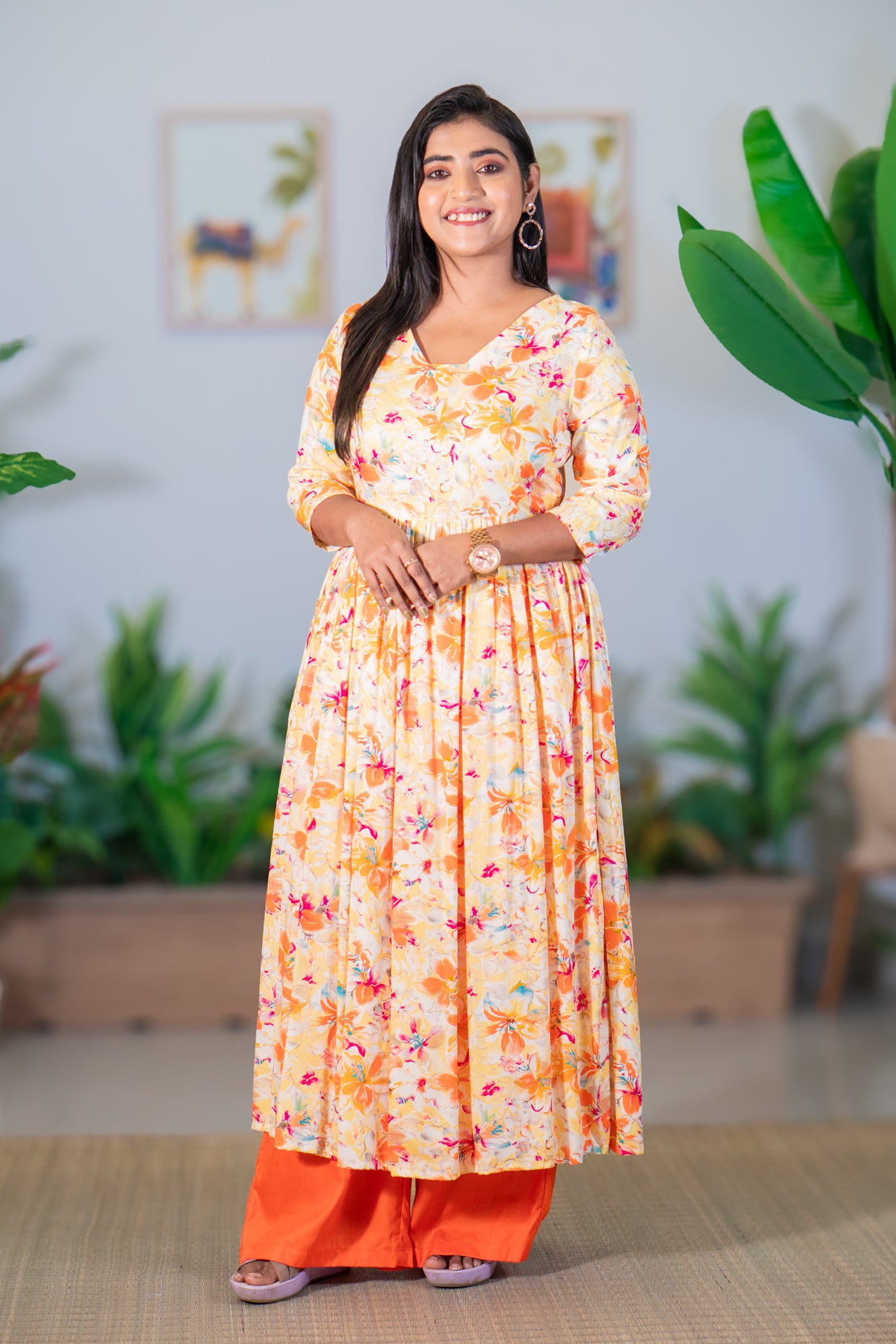 Hyrr Breeze Gown &plazo Set Peach Orange