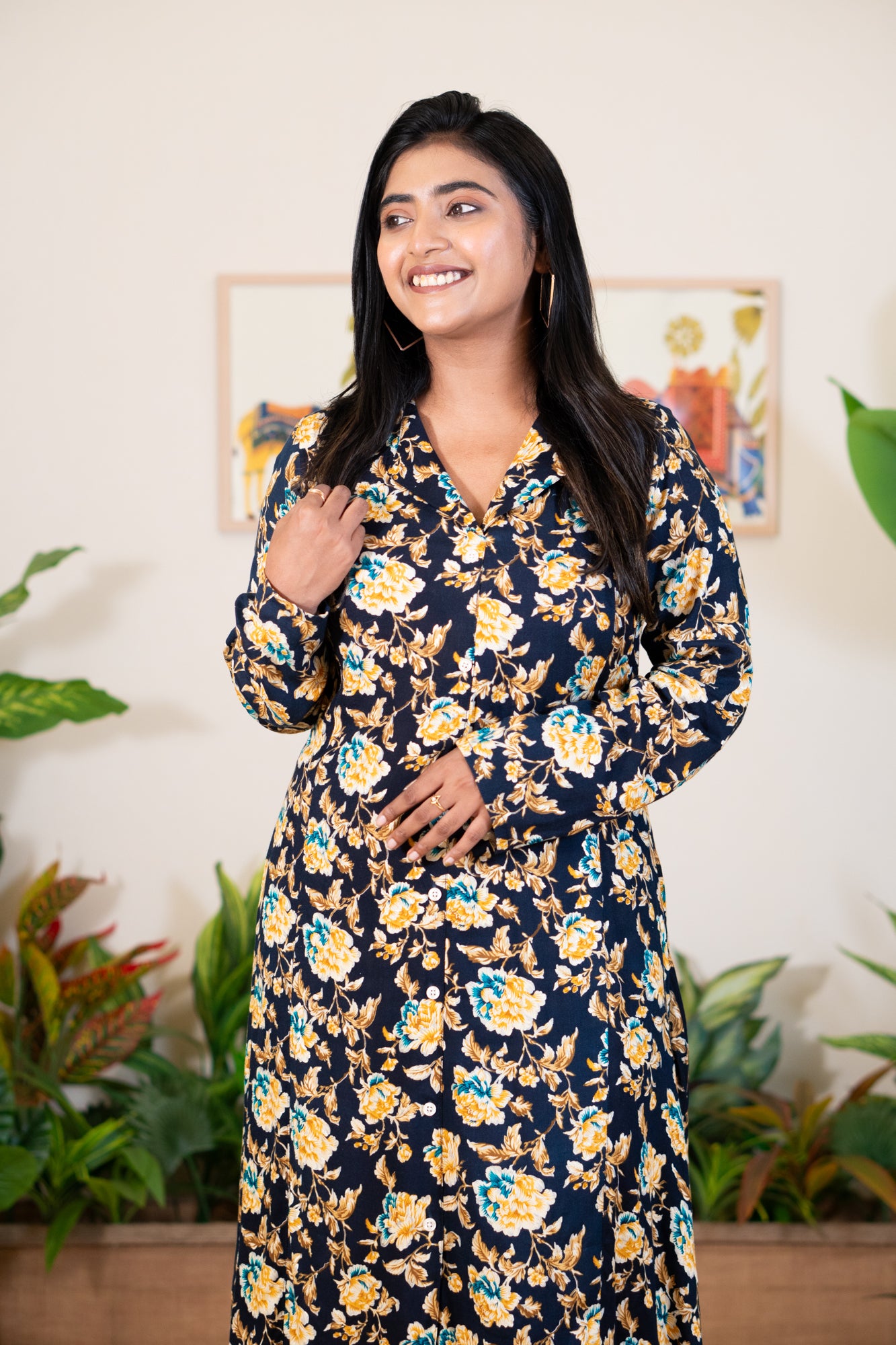 Hyrr Petals gown blazer collar foil print Blue