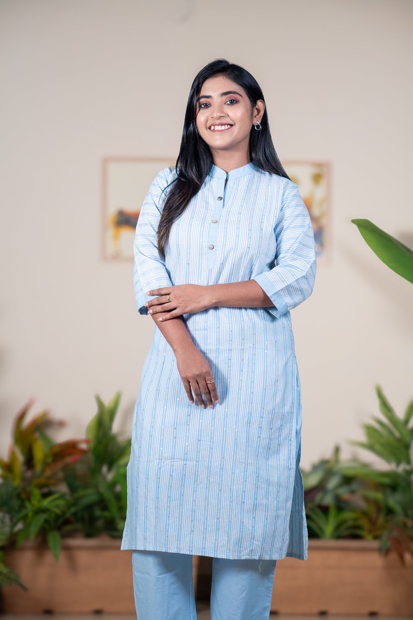 Powder Blue Minimal Sequin Kurti Set in khadi Cotton