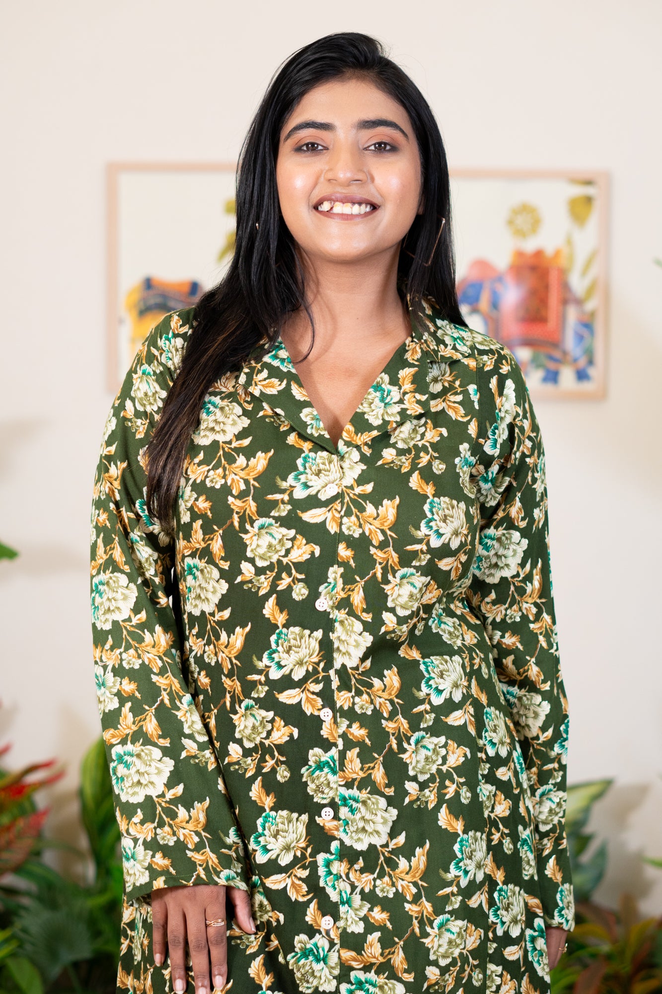 Hyrr Petals gown blazer collar foil print Pesta green