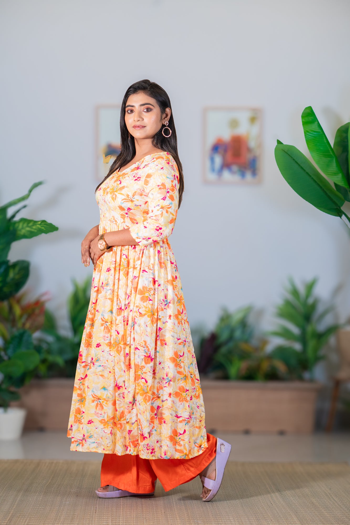 Hyrr Breeze Gown &plazo Set Peach Orange
