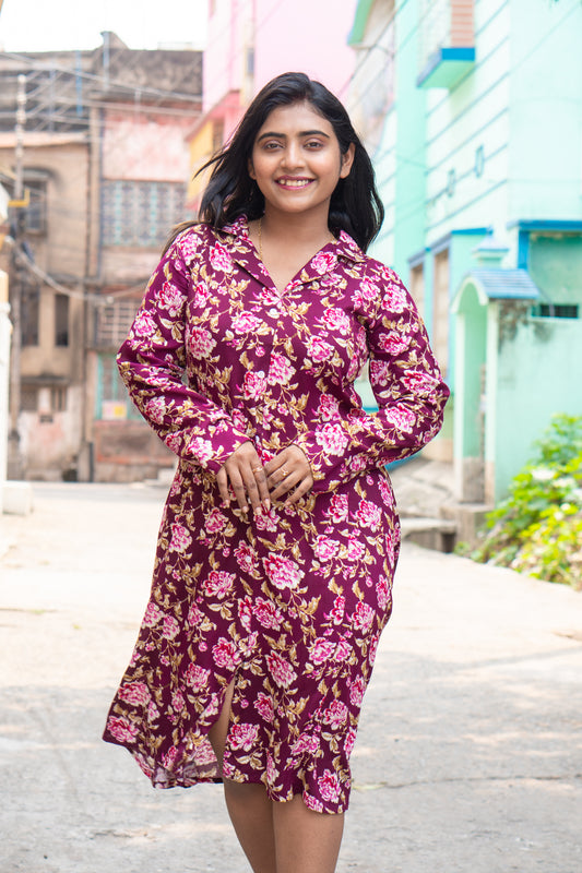Hyrr Petals gown blazer collar foil print purple