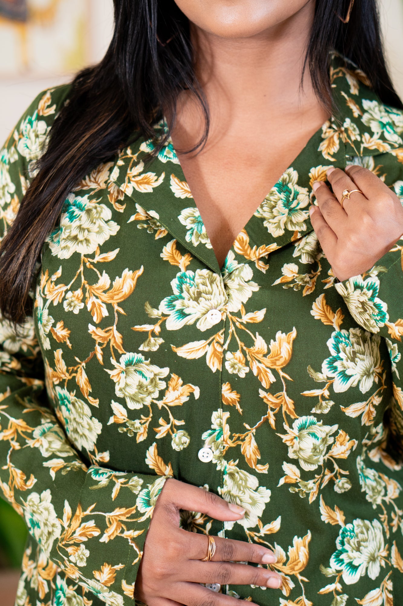 Hyrr Petals gown blazer collar foil print Pesta green