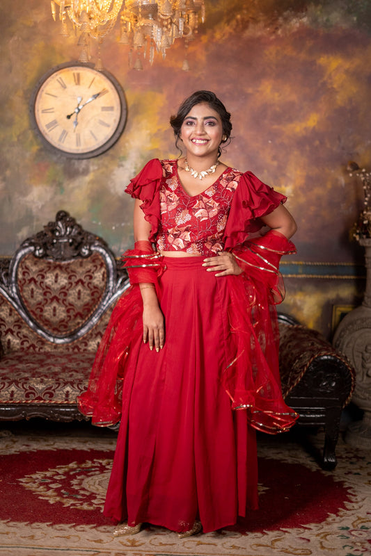 Kissi Chiffon & Super Net Handwork Lehenga Red