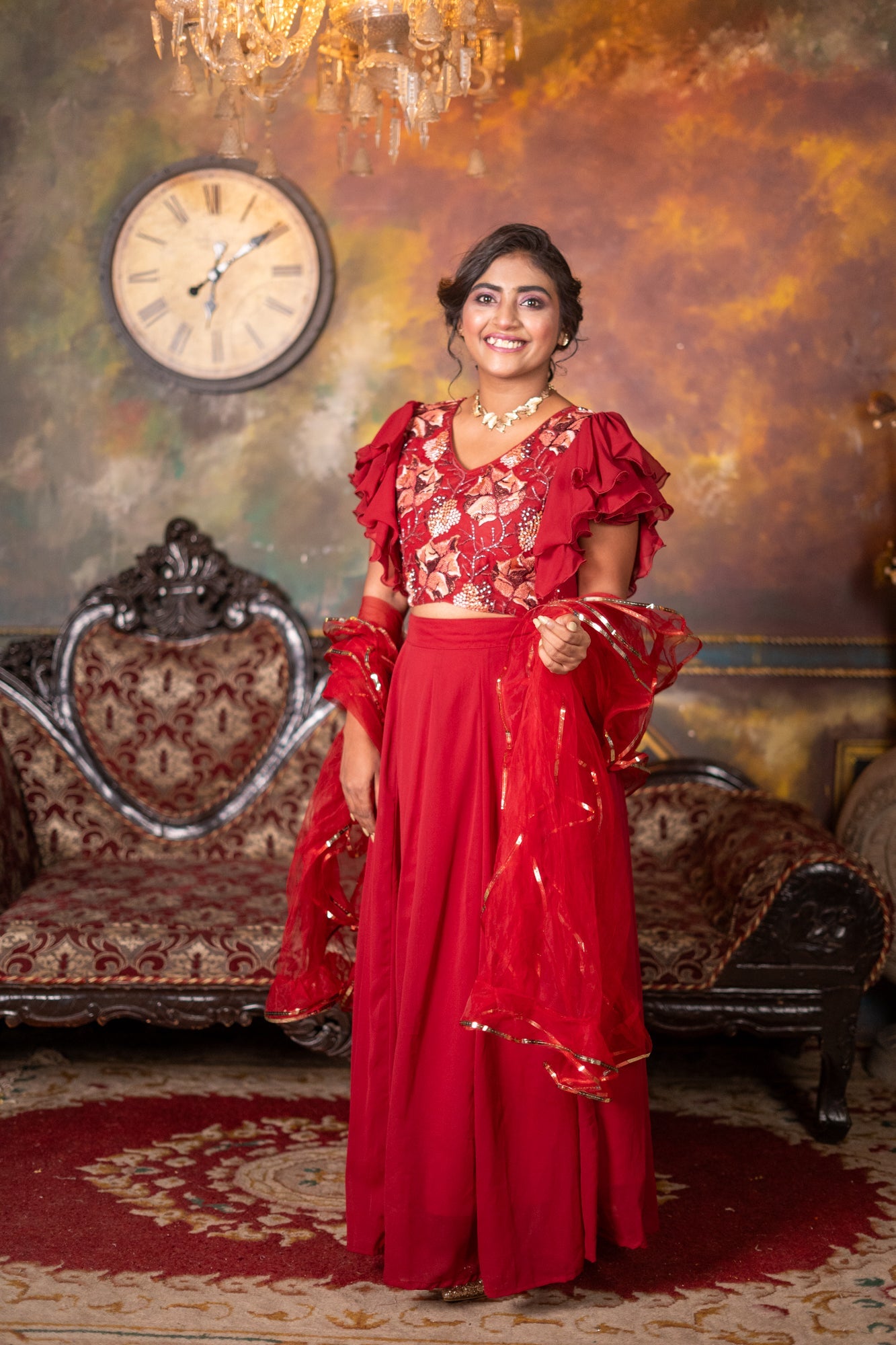 Kissi Chiffon & Super Net Handwork Lehenga Red