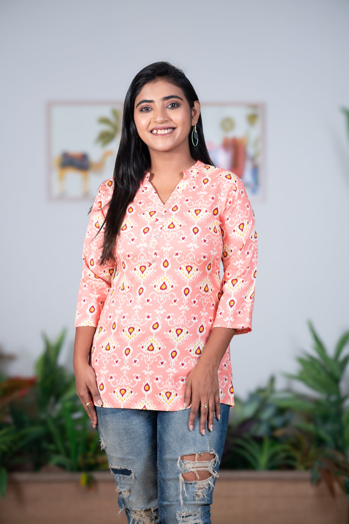 Ikkat collar tunic peach