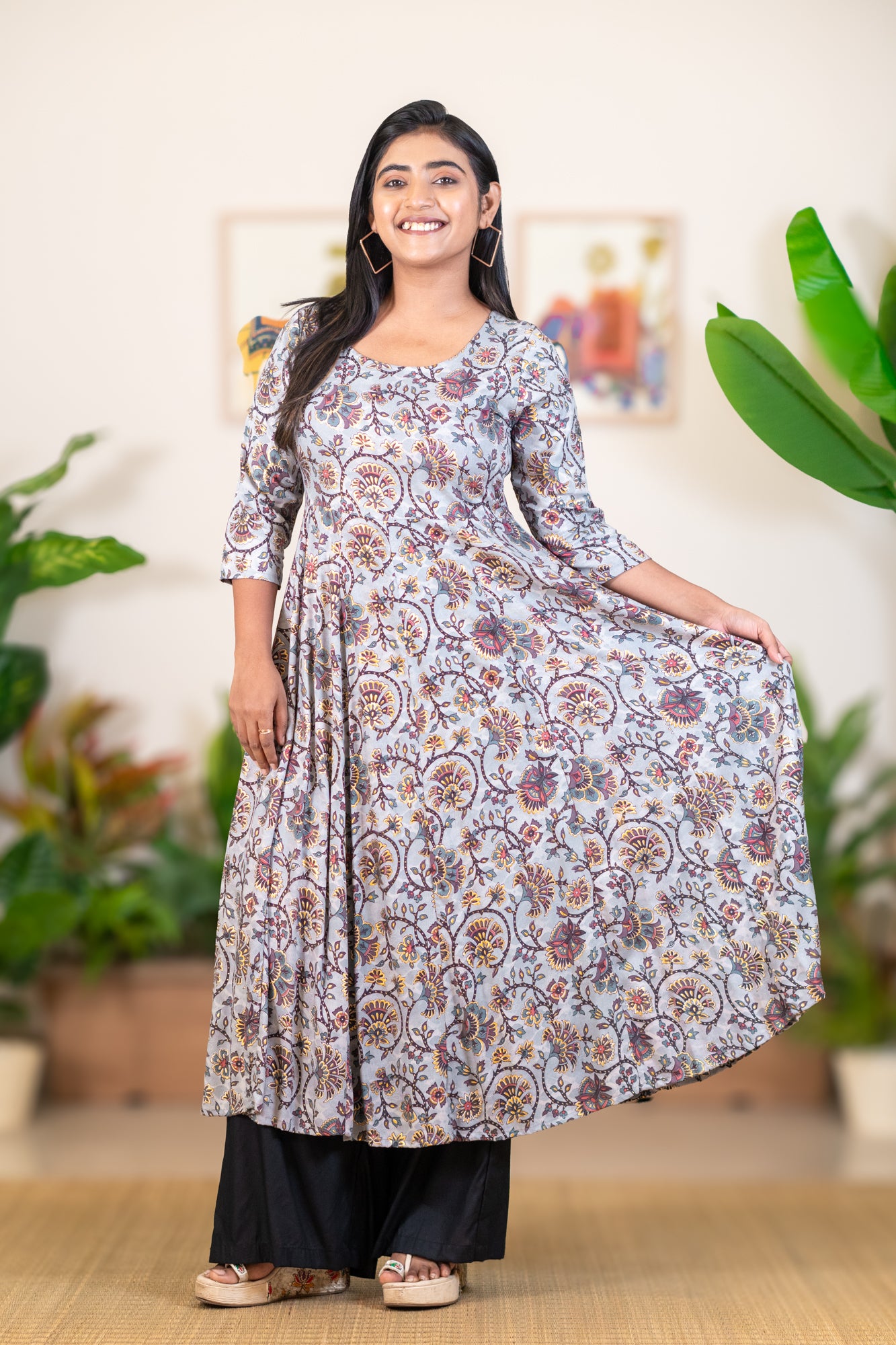 Hyrr Kalamkari Gown &plazo Set Grey