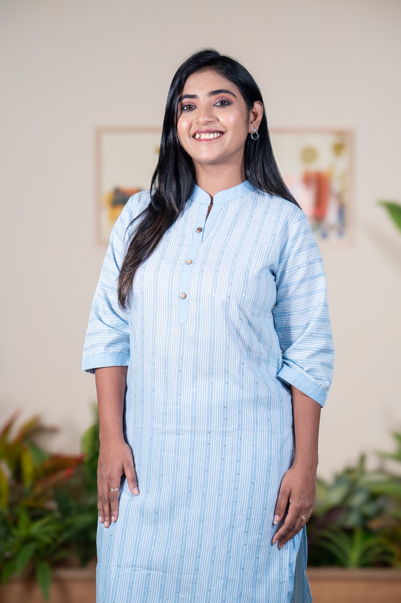 Powder Blue Minimal Sequin Kurti Set in khadi Cotton