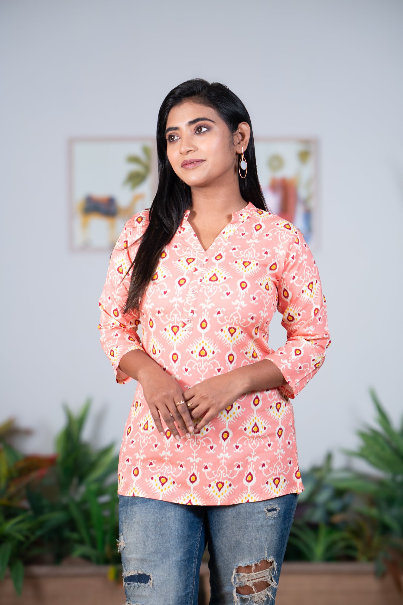 Ikkat collar tunic peach
