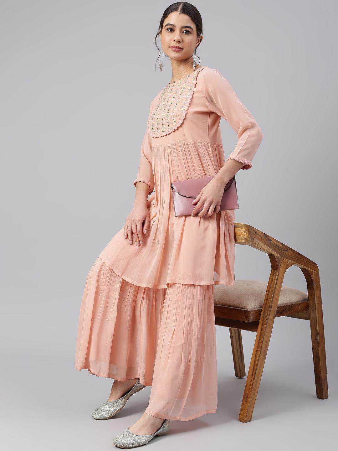 Peach Georgette Thread Work Kurta with Sharara