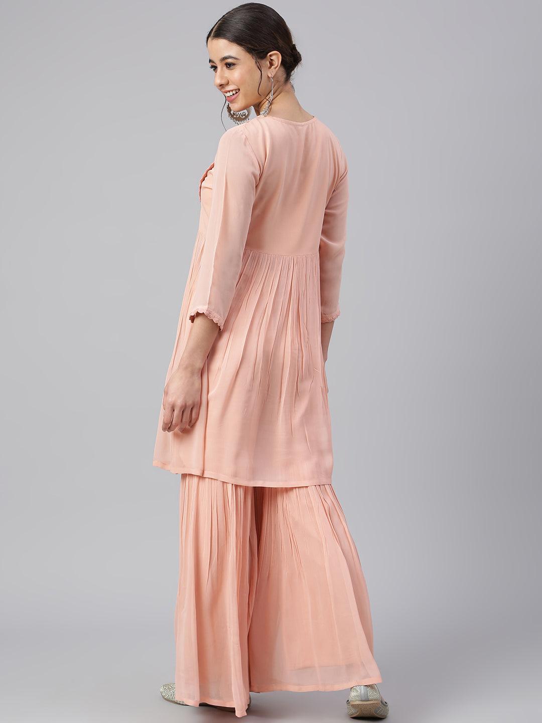 Peach Georgette Thread Work Kurta with Sharara